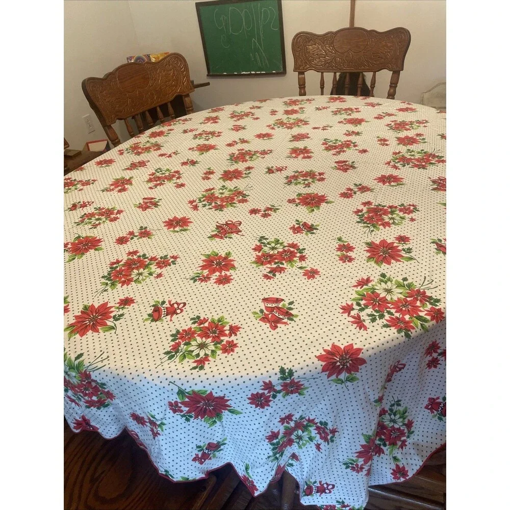 Vtg Christmas Tablecloth White w/ Red Poinsettia & Bells Green Polka Dots 58x81”